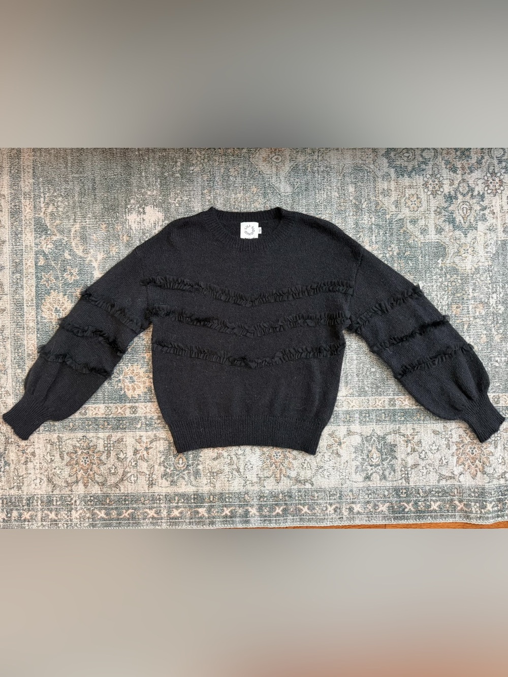 Black Ruffle Detail Crewneck Sweater